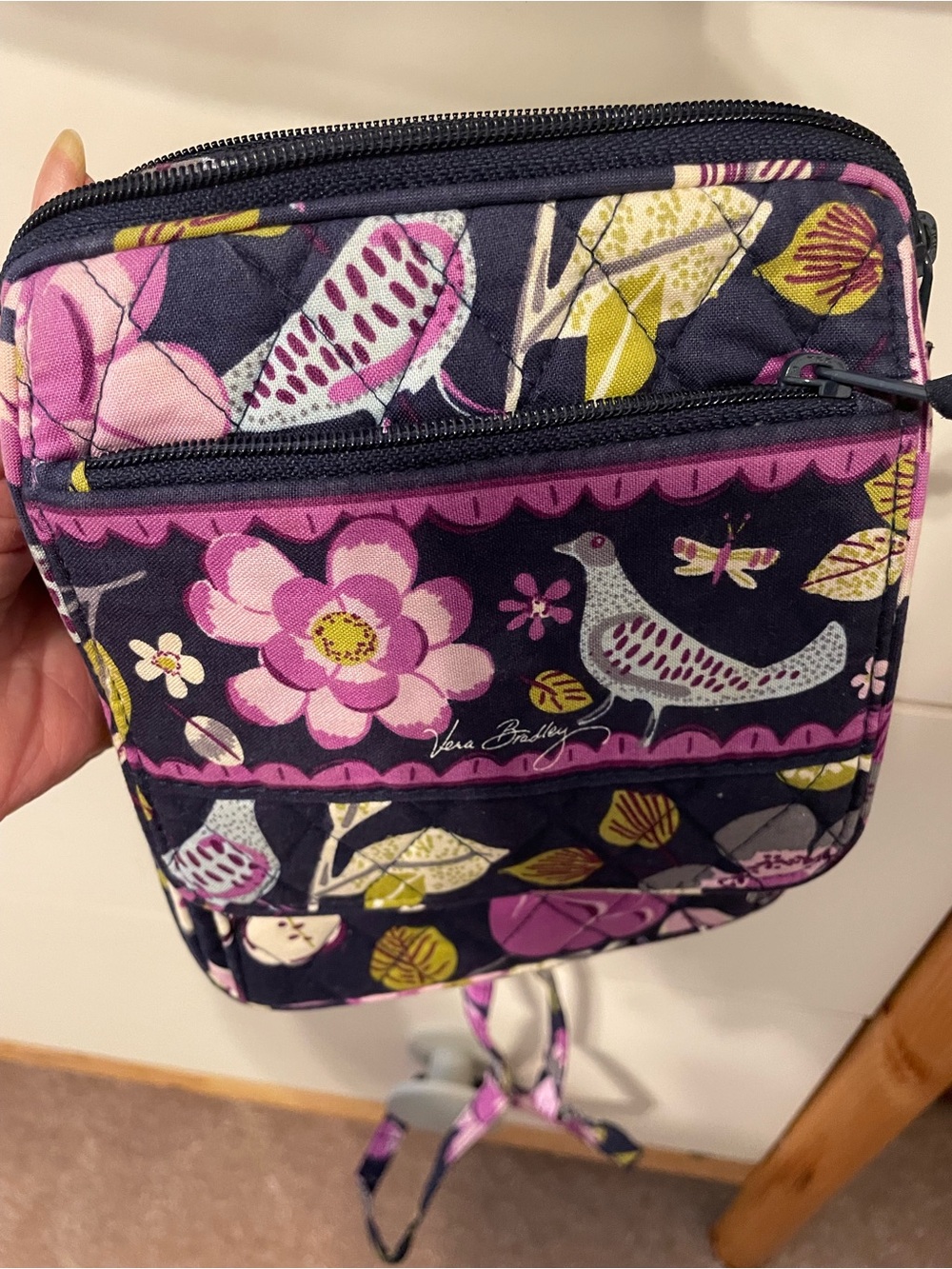 Vera Bradley Navy Quilted Floral & Bird Crossbody - Pink, Yellow